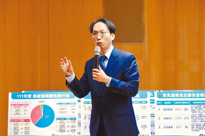 新北市卫生局副局长许朝程表示，去年裁处违规食品、化粧品及药物广告共1551件，共裁罚1亿146万8000元罚款创高。（陈慰慈摄）