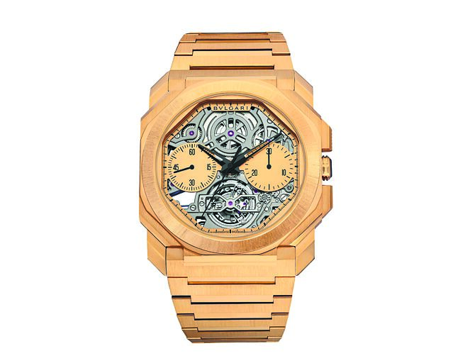 宝格丽Octo黄K金计时码表，搭载打破世界纪录的超薄镂空计时飞轮机芯BVL 388。（BVLGARI提供）