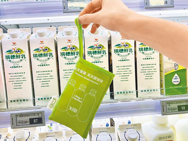 爱买量贩推出採用R-PET宝特瓶再生环保面料制成的环保购物袋。（爱买提供）