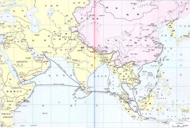 民间传说朱棣派郑和下西洋是为了寻找失踪的建文帝。图为郑和下西洋路线图。（图／搜狗百科）