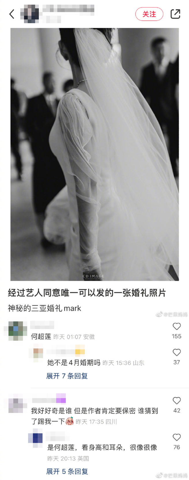 网传疑似何超莲穿婚纱背影。（图／翻摄自芒果妈妈微博）