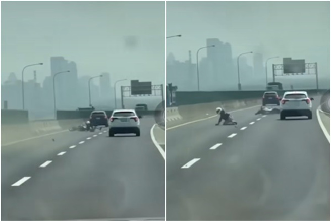 台68线BMW恶逼重机撞护栏！骑士沿路翻滚，网轰：蓄意谋杀。(翻摄脸书爆料公社)