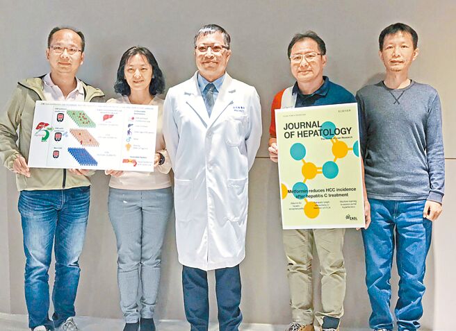 国立中山大学医学院院长兼副校长余明隆（左三）研究团队最新研究发现，同时罹患糖尿病与C型肝炎的病患，在进行C肝抗病毒治疗癒后，持续服用降血糖用药Metformin可显着降低罹患肝癌风险。（国立中山大学提供／袁庭尧高雄传真）