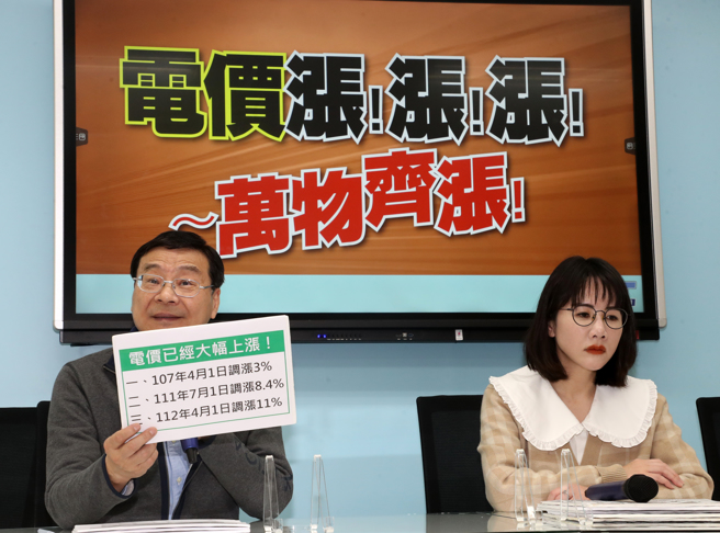 国民党立法院党团总召曾铭宗（左）、书记长谢衣鳯（右）、立委费鸿泰、杨琼璎20日召开「电价涨！涨！涨！～万物齐涨！」记者会。（刘宗龙摄）