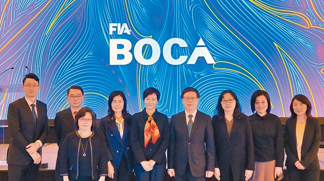 台湾代表团赴美参加期货业协会（FIA）年会，期交所董事长吴自心（右四）、证期局期货管理组组长王秀玲（右三）、期货公会理事长陈佩君（左五）出席盛会。图／期货交易所提供