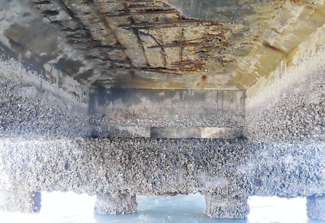 连接云林县四湖乡及台西的海新桥，桥面板混凝土破损破裂、钢筋严重绣蚀。（云林县府工务处提供／周丽兰云林传真）