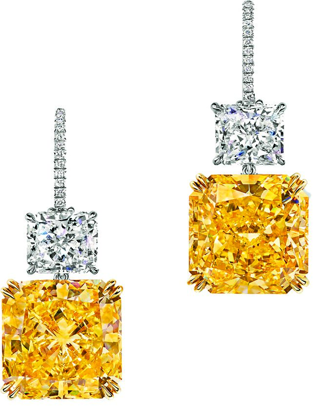 海瑞温斯顿The Incredibles系列枕型黄钻耳环，两颗黄钻各重约17克拉。（Harry Winston）