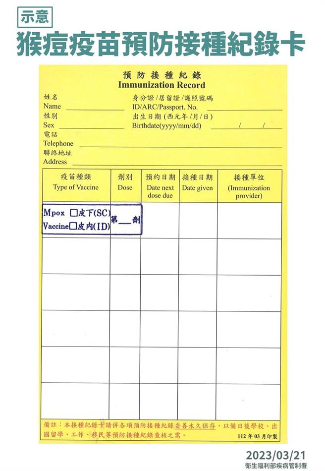 接种疫苗后，会记录在疫苗小黄卡。图疾管署提供
