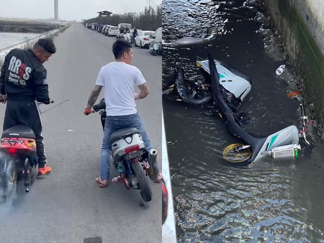 4名骑士在海港旁马路上骑着Dio竞速，一名骑士不慎自摔后拖行数公尺，心爱的Dio机车当场飞出护栏、摔进排水渠，车体几乎全毁。（翻摄自脸书「重机车友 ❘ 各区路况天气、资讯分享中心」）