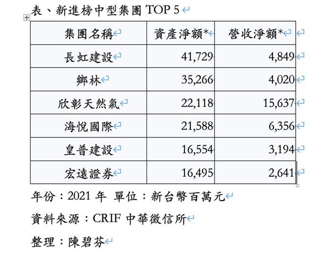 （新进榜2021年中型集团前5家业者的资产净额、营收净额统计。资料来源／CRIF）