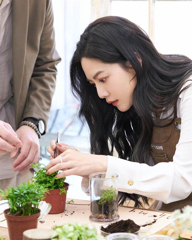 曾之喬在她創立的綠咖生活概念店手做「生態瓶」。（博士倫提供）