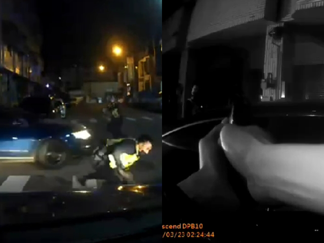 事发密录器画面曝光，只见多名员警敲碎车窗喷辣椒水，对方则猛吹油门，警方后来朝轮胎开枪仍让对方逃走。（警方提供）