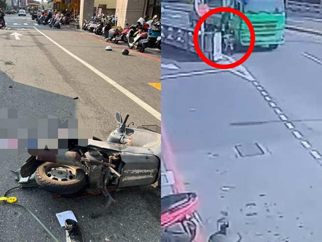 彰化市中央陆桥昨（22）发生一辆大货车下桥时，车轮卷入一旁女骑士，女骑时一连被拖行100多公尺惨死，货车停下后竟又驶离。（翻摄照片）