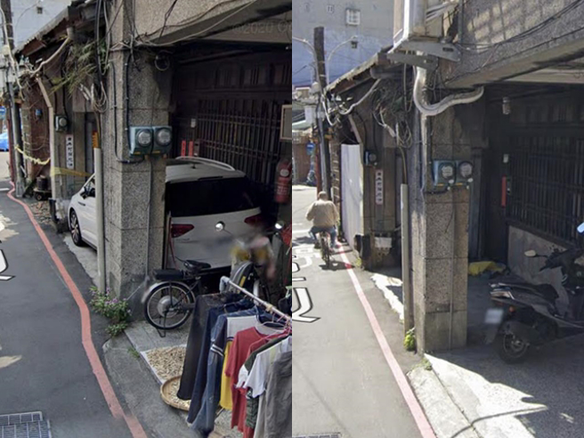 一名网友日前在北市迪化街发现一处平房门口停着「特技轿车」，该车车尾被被梁柱卡住，车头被墙壁挡住，整辆车几乎卡死在骑楼下。（翻摄自脸书「路上观察学院」）