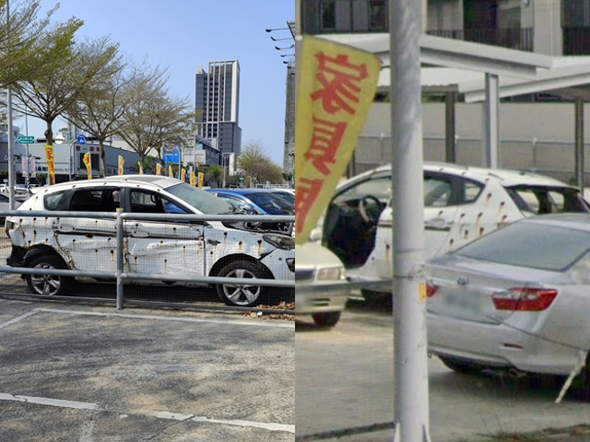 一名网友日前在路边空地发现一台布满弹孔的轿车，笑说「在台中看到中弹报废车也是很合理！」随即引起讨论。（翻摄自脸书「路上观察学院」）