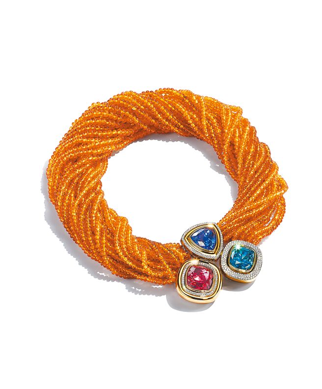 Tiffany高级珠宝系列Paloma Picasso Studio项炼，18K金镶嵌丹泉石、红碧玺与蓝色锆石。（ Tiffany提供）