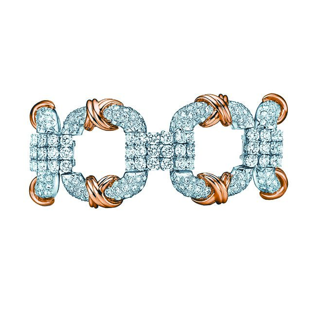 Tiffany & Co. Schlumberger Cooper铂金与18K金镶钻手环。（ Tiffany提供）
