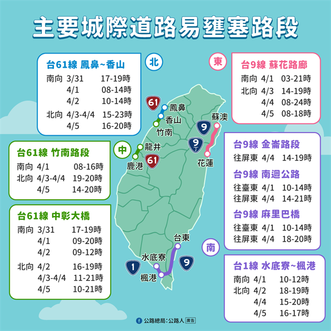 清明连假主要城际道路易壅塞路段。（公路总局提供／陈佑诚传真）