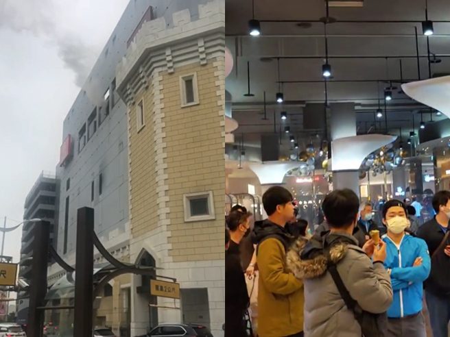 芦竹台茂购物中心今下午近2点惊传火警，阵阵浓烟从6楼窗户冒出，消防人员获报到场。（翻摄自爆料公社）