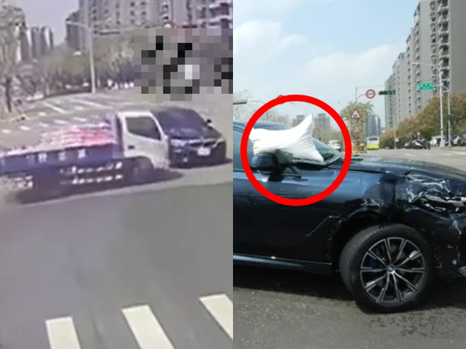 女子开着租来的BMW X6行经太原路时闯红灯，与右方绿灯直行的货车撞上，货车上大量白米袋「倾泻而出」，其中一袋还卡在BMW照后镜。（翻摄自记者爆料网）