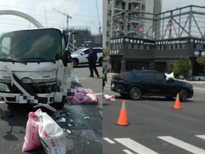 女子开着租来的BMW X6行经太原路时闯红灯，与右方绿灯直行的货车撞上，货车上大量白米袋「倾泻而出」，其中一袋还卡在BMW照后镜。（翻摄自记者爆料网）