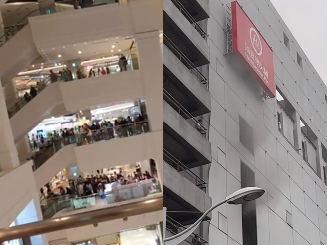 芦竹台茂购物中心今下午近2点惊传火警，阵阵浓烟从6楼窗户冒出，消防人员获报到场。（翻摄自脸书）