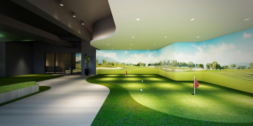 「名軒海樂地」規劃豐富的全齡化休閒公設，社區多功能球類運動中心內，甚至有最先進的高爾夫模擬情境室。此為3D 合成示意參考。圖／名軒海樂地提供