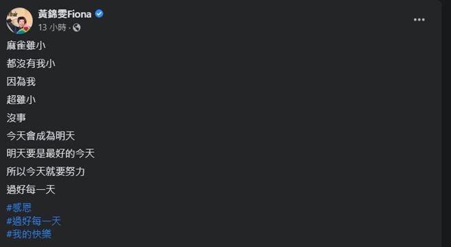 锦雯高EQ面对Tiktok遭停权一事。 （图／黄锦雯Fiona脸书）