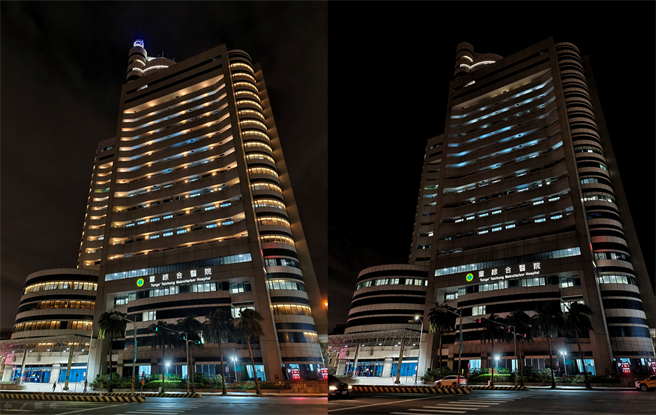 童综合医院响应2023.03.26 Earth Hour关灯一小时活动，关灯前后的比较。（童综合医院提供）