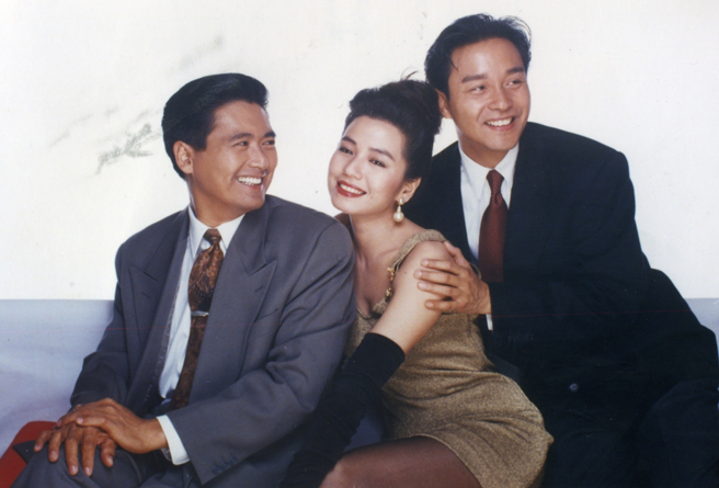 周润发（左起）、锺楚红、张国荣过去合拍《纵横四海》。（图／中时资料照片）