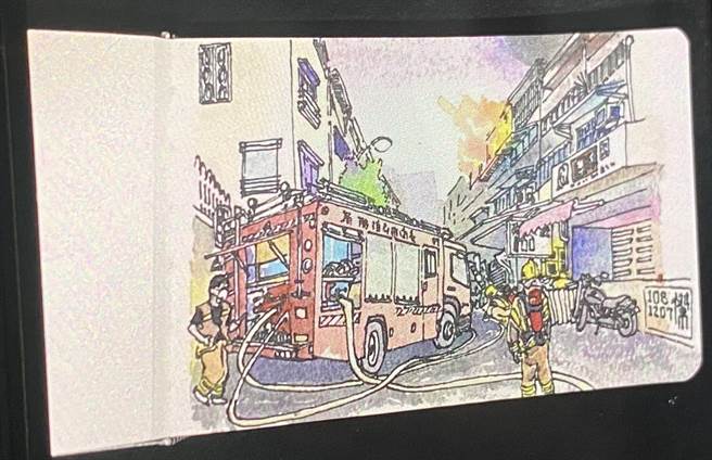 张家杰这张描绘住宅救火场景，是他近年开始重拾画笔的第一张画。(曹婷婷摄)