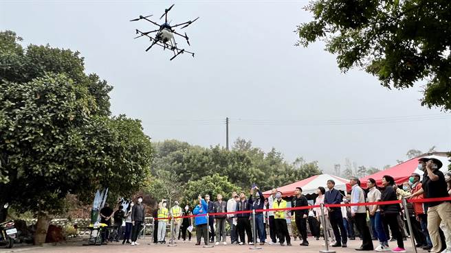 台南防治荔枝椿象，首创无人机施放平復小蜂卵片「以虫克虫」。（张毓翎摄）