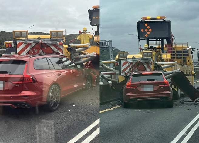 「瑞典坦克」五杨高架内线车道直撞缓衝车，车头全毁前挡玻璃裂成蜘蛛网。（翻摄自重机车友 ❘ 各区路况天气、资讯分享中心）