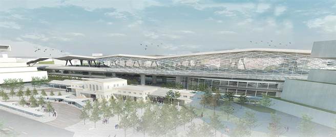 嘉义车站月台立面图，右下角是旧嘉义车站。(铁道局提供)