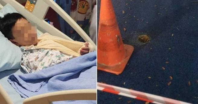 新加玻一名男童在游乐场被地洞绊倒，造成左手臂骨头断裂移位。（图／翻摄自新明日报）