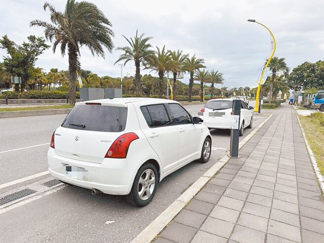花莲市南滨路段示范区设置54支智慧停车柱，民眾停车离开前可透过柱上缴费条码线上缴款，大幅增添便利性。（罗亦晽摄）