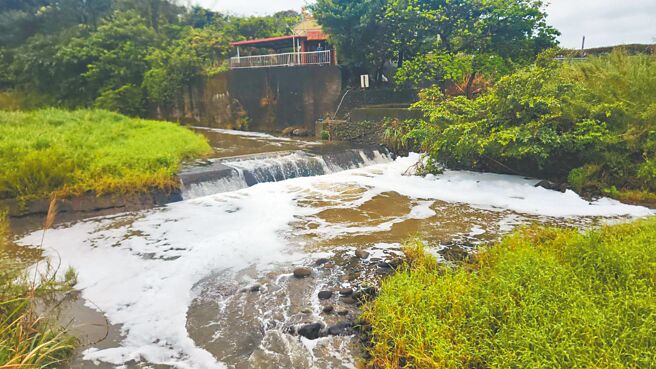 淡水区大屯溪上游26日疑遭排放大量清洁剂，造成整个溪床满是泡沫，当地居民痛批灌溉和饮用水都从溪中取用，且当地生态丰富，如今却遭人排放废水，「实在是令人气愤」。（民眾提供／黄敬文新北传真）