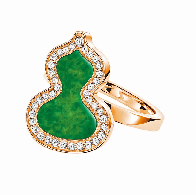 Qeelin18K玫瑰金钻石及翡翠戒指。（Qeelin提供）