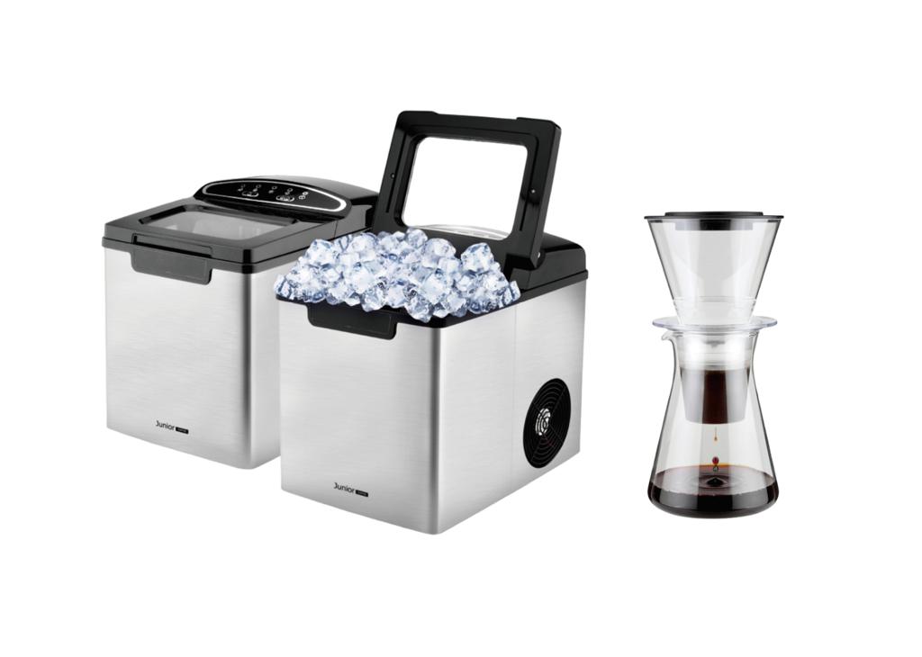 Global Mall新北中和店的JUNIOR 全能製冰機，原價1萬2150元，優惠價6000元，加贈iwaki日本冰滴咖啡器。（Global Mall提供）