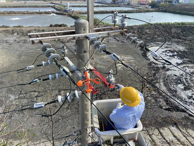 台电人员会于电杆上加装驱鸟器、喷红漆，防止鸟类再次筑巢。（台电嘉义区营业处提供／邱显诚嘉义传真）