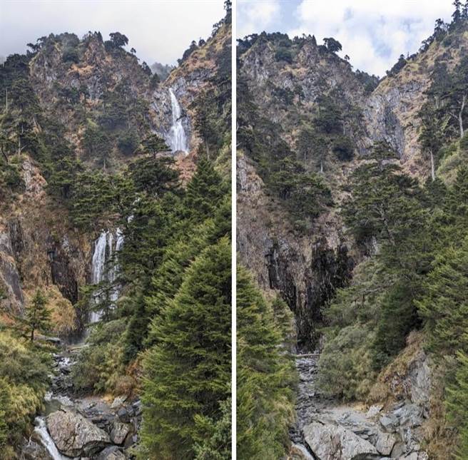 能高瀑布因乾旱一度消失不见（右），近日这波春雨挹注，瀑布终于復活了。（天池山庄提供／杨静茹南投传真）