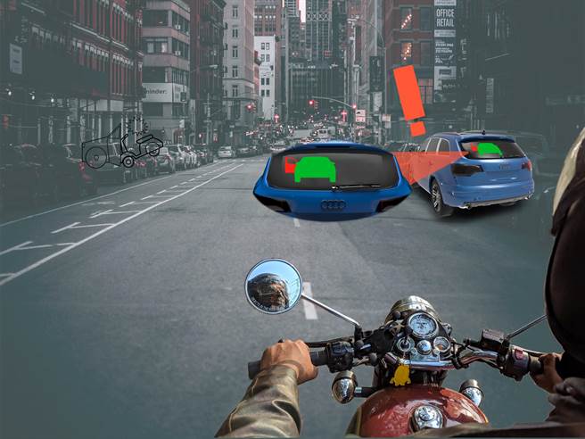 大同大学工设系三年级黄暐翔设计「灯亮有人」的警示图案，让机车、脚踏车骑士在远处看到，就知道有人正要开门下车，降低车门开启不当造成的风险，获美国IDA（International Design AwardsIDA）肯定。（大同大学提供）