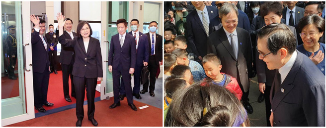 左圖為總統蔡英文29日出訪中美洲友邦，登機前揮手致意。右圖為前總統馬英九赴大陸交流，28日在中山陵拜謁時巧遇大陸小朋友。（范揚光攝、報系資料照）
