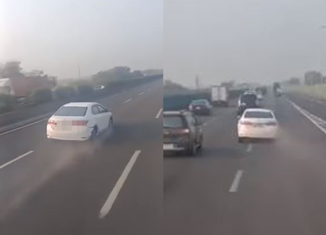 大车司机拍到1辆白色轿车疑爆胎在国道上左右蛇行，且扬起的阵阵白烟也吓坏其他车辆。（翻摄自脸书爆料公社）