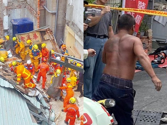 台中市中区台湾大道299巷10号30日上午惊传房屋倒塌，其中1名遭埋工人的哥哥赶到现场，两度想衝进封锁线遭拦，急喊「我弟弟和阿嬷呢？」（翻摄照片、张妍溱摄）
