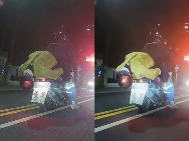 一名机车后座乘客路上直接上演「下腰特技」，只见该乘客上半身几乎平躺，头部悬空在外，还不时左右晃动。（翻摄自脸书「重机车友❘各区路况天气、资讯分享中心」）