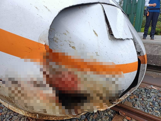 撞擊闖入的牛隻，太魯閣號列車車頭鼻頭蓋凹陷。（鐵警提供／王志偉花蓮傳真）