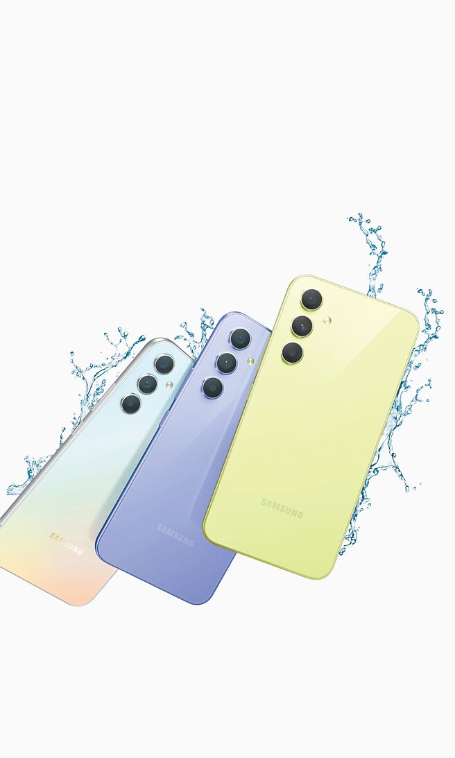 Galaxy A54 5G共推出兩款容量，黑糖玻玻、紫芋玻玻、青檸玻玻、白玉玻玻4色，定價1萬3990元起；Galaxy A34 5G同樣有兩款容量，黑糖玻玻、紫芋玻玻、青檸玻玻、銀河玻玻4色，定價1萬1990元起。（三星提供）