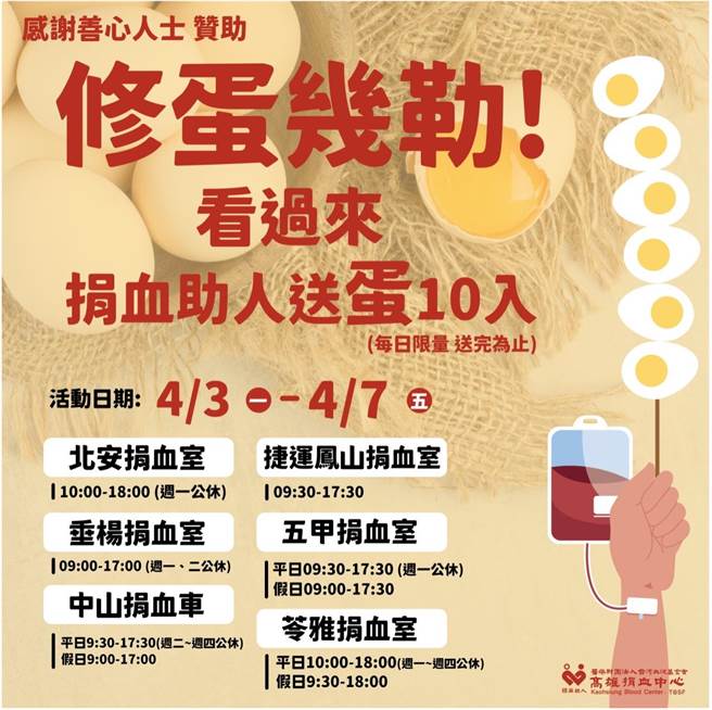 好消息，捐血送蛋。高雄捐血中心鼓励民眾多捐血，图为捐血地点。（高雄捐血中心提供／林瑞益高雄传真）
