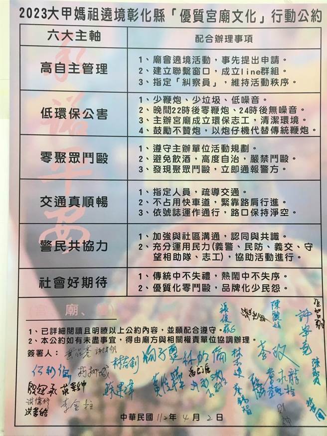 「优质宫庙文化-行动公约」中的六大行动主轴。（警方提供）